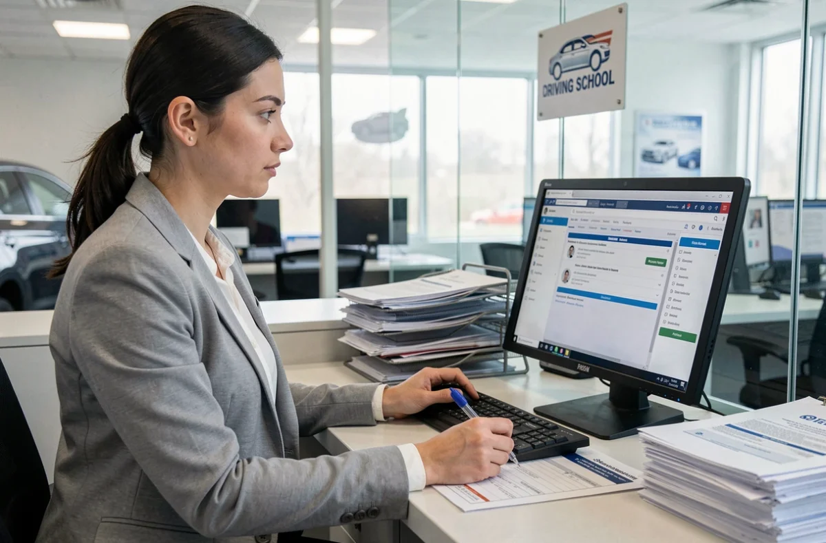 Secrétaire d'auto-école utilisant l'interface de gestion ELGEAWEB à l'accueil