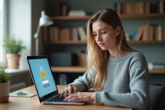 Femme sécurisant son compte en ligne sur un ordinateur portable dans un bureau à domicile moderne