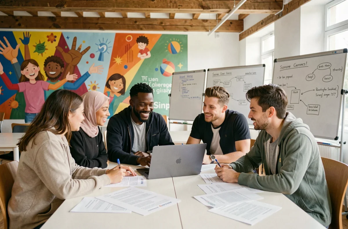 Groupe inclusif et diversifié d'apprenants Simplon collaborant sur des exercices de formation numérique en Auvergne-Rhône-Alpes