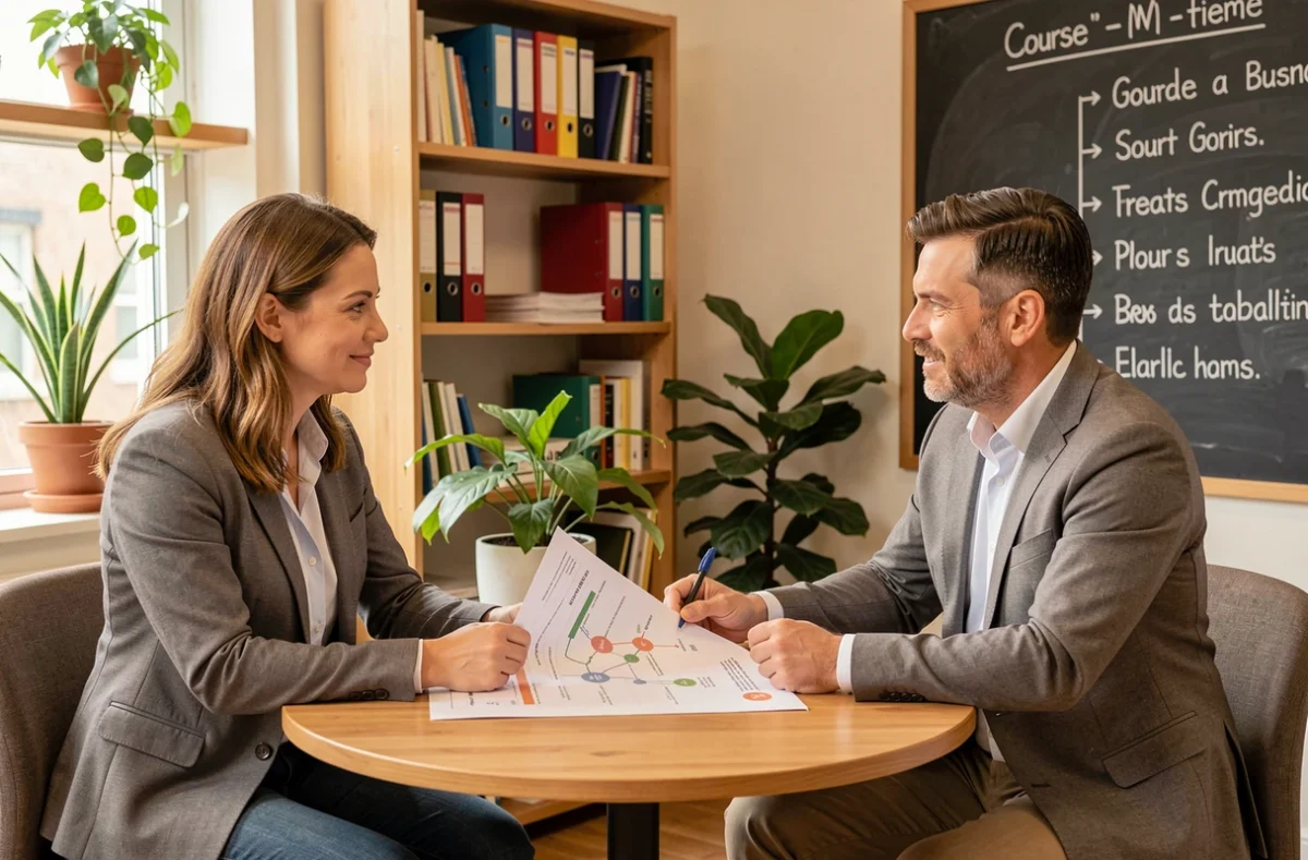 Réunion sur mesure entre un formateur SKOLAE et des responsables de PME autour d'un parcours de formation personnalisé