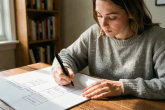 Jeune femme remplissant un tableau de conversion en cases dans un carnet quadrillé sur un bureau en bois