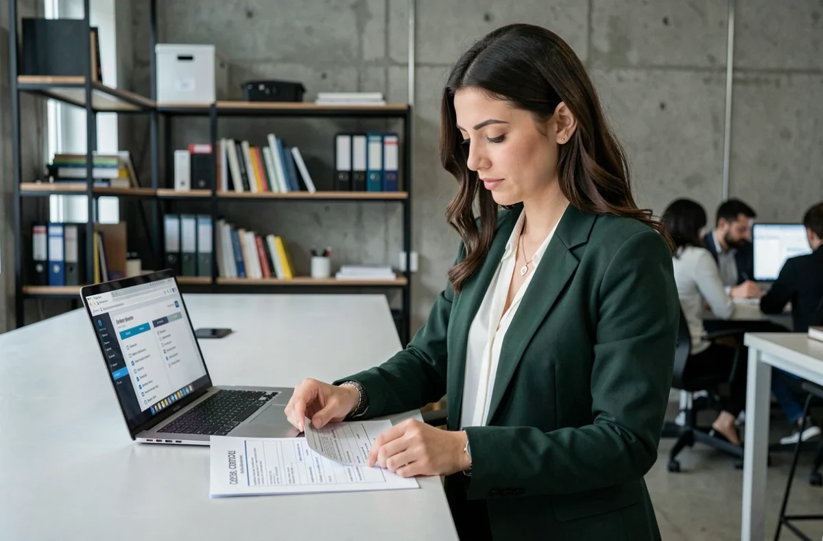 Jeune femme complétant un test d'orientation professionnelle dans un espace de coworking moderne avec un ordinateur portable