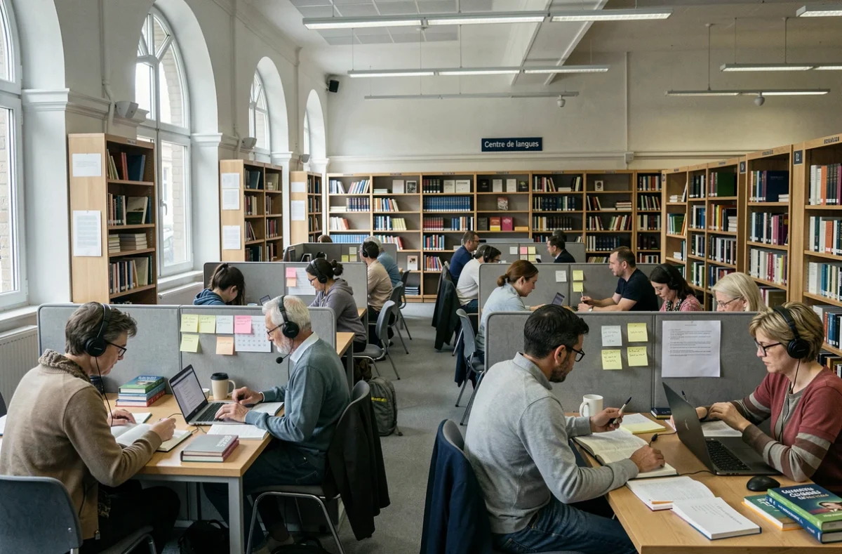 Salle d'étude du Centre de langues de l'Université de Lille avec des étudiants adultes travaillant sur leurs apprentissages linguistiques