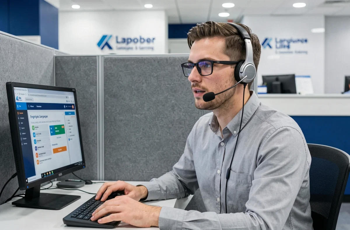 Étudiant adulte en formation anglais sur poste informatique dans un centre Wall Street English à Lille